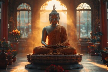 Serene Buddha statue temple sunrise meditation peace