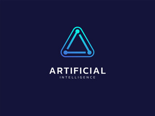 Artificial intelligence with network lines overlapping Rounded Triangle shape technology Analysis logo vector design concept. AI technology logotype symbol for advance technology, ui, identity, web.