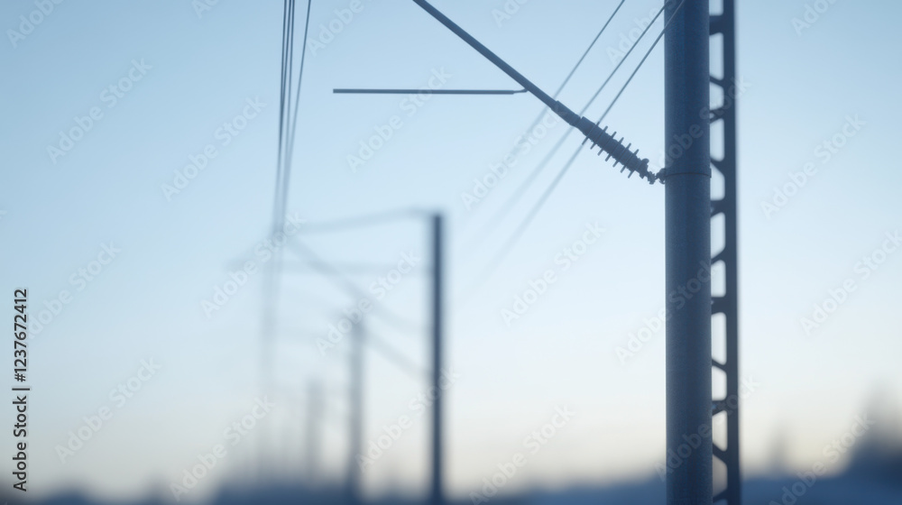 Aufkleber electrified railway system with overhead wires and poles in serene landscape. image captures intrica