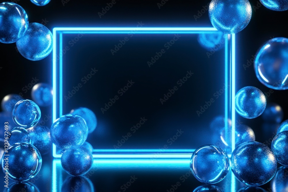 Poster abstract neon blue rectangular frame with a dark background, spheres floating around the edges