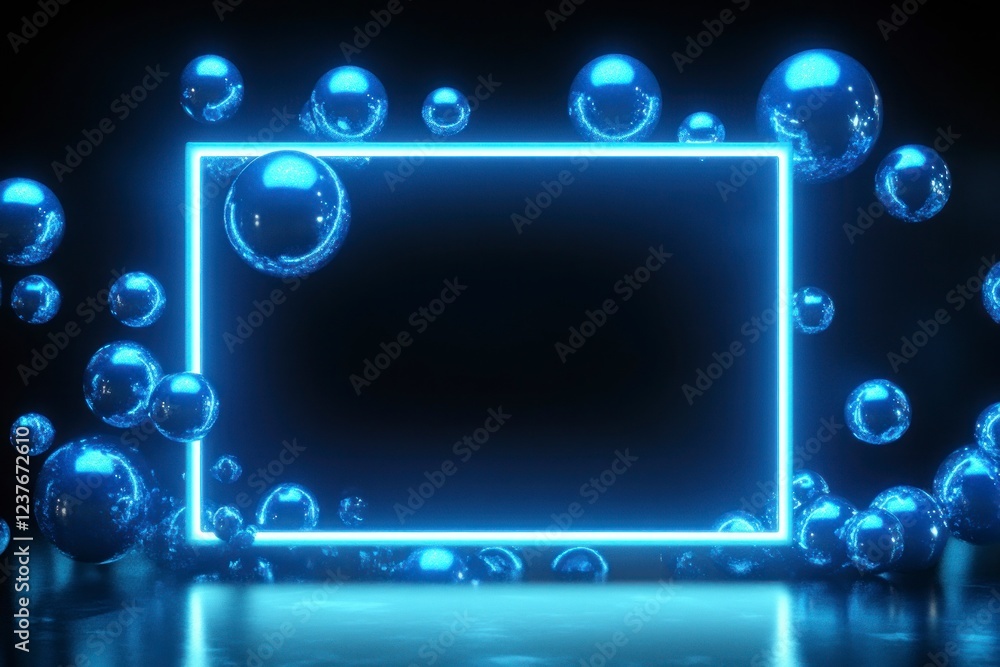 Poster abstract neon blue rectangular frame with a dark background, spheres floating around the edges