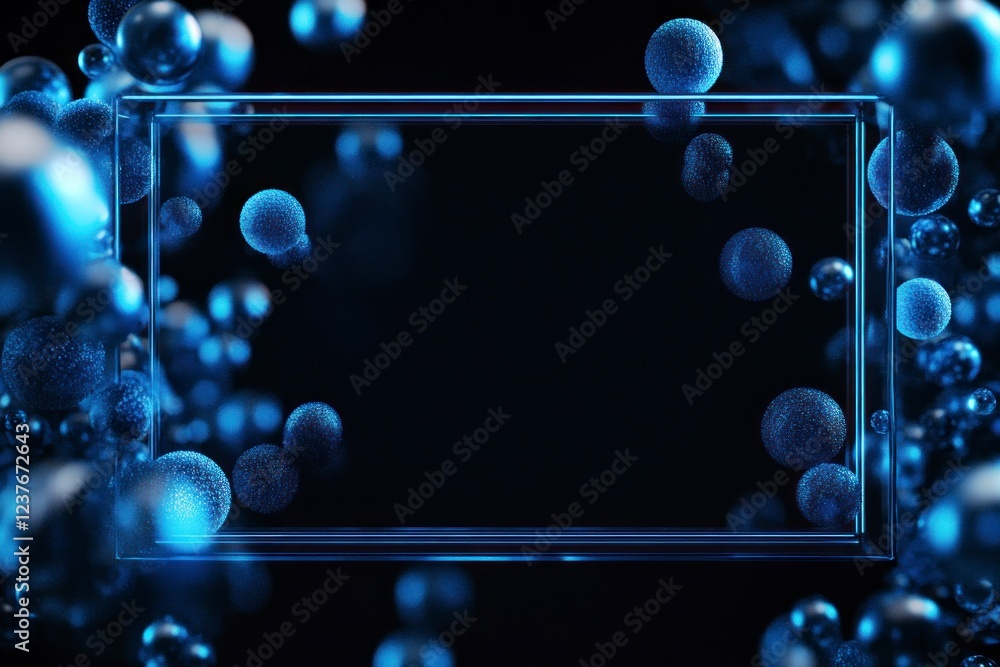 Poster abstract neon blue rectangular frame with a dark background, spheres floating around the edges