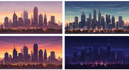 Obraz premium High-detail cityscape vector illustrations of urban skylines at different times of day