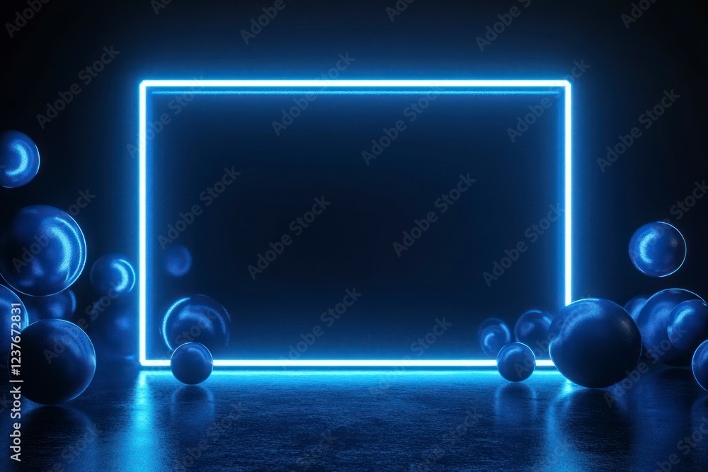 Poster abstract neon blue rectangular frame with a dark background, spheres floating around the edges
