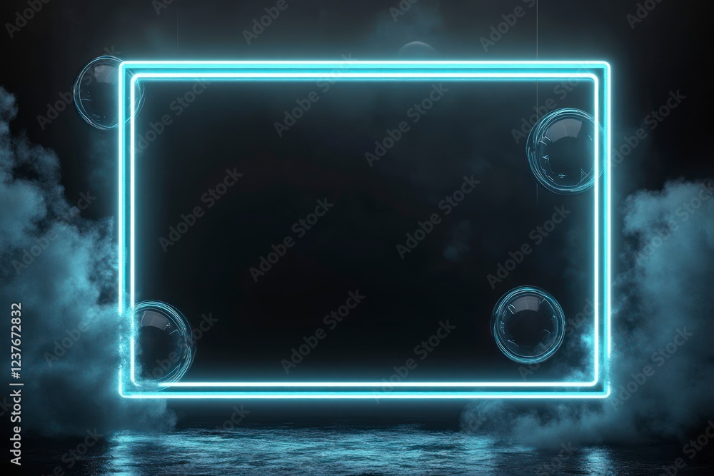 Aufkleber abstract neon blue rectangular frame with a dark background, spheres floating around the edges