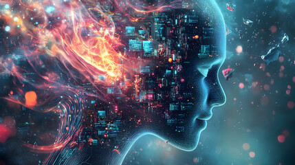 A stunning visualization of a human silhouette filled with intricate circuitry and illuminated elements, representing the fusion of artificial intelligence and human cognition.
