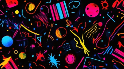Obraz premium Playful, funky abstract elements in bright neon tones scattered dynamically on black.