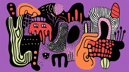 Playful hand-drawn black-outlined shapes forming a unique abstract composition on purple.