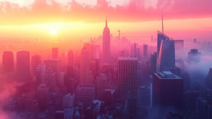 Fototapeta premium Manhattan Skyline Sunrise: A City in the Clouds