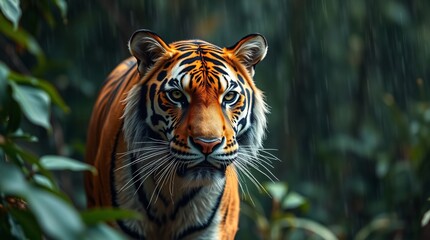 Obraz premium A tiger in the rain within a dense jungle setting