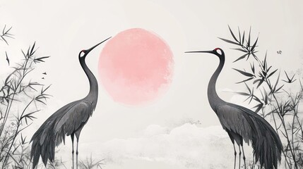 Red sun, cranes, bamboo, Asian art print, serenity