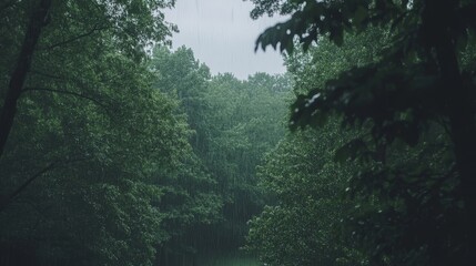 Fototapeta premium Rain Shower in Lush Green Forest Canopy