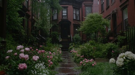 Obraz premium Rain-Kissed Courtyard Garden Between Brick Houses
