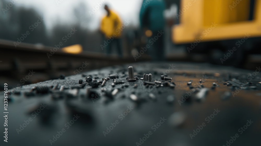 Poster engineers examining railway fasteners on track, showcasing stability and precision in work environme