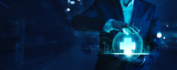 .Healthcare business, Businessman manage and analysis of medical business with healthcare graph...