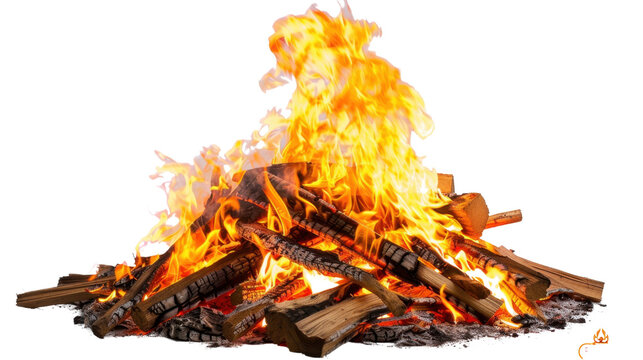 Bonfire burning with brightly burning wood on transparent background