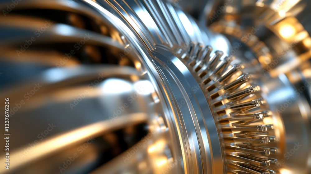 Poster high resolution close up of metallic turbine engine component showcasing intricate details and refle