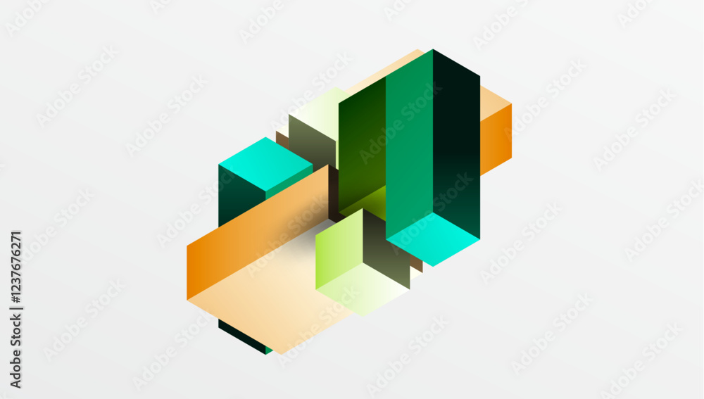 Poster sleek abstract design featuring isometric 3d blocks in a clean, modern composition. perfect for tech