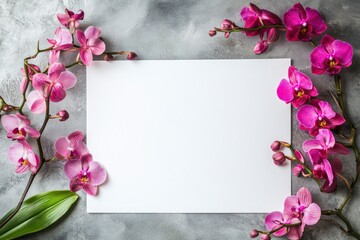 Fototapeta premium a blank sheet on the right side with pink and purple orchid flowers at each corner, white background, simple composition, feminine style, minimalist design, top view