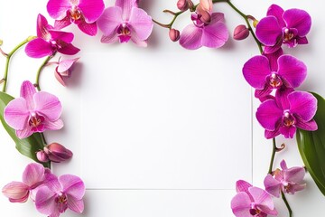 a blank sheet on the right side with pink and purple orchid flowers at each corner, white background, simple composition, feminine style, minimalist design, top view