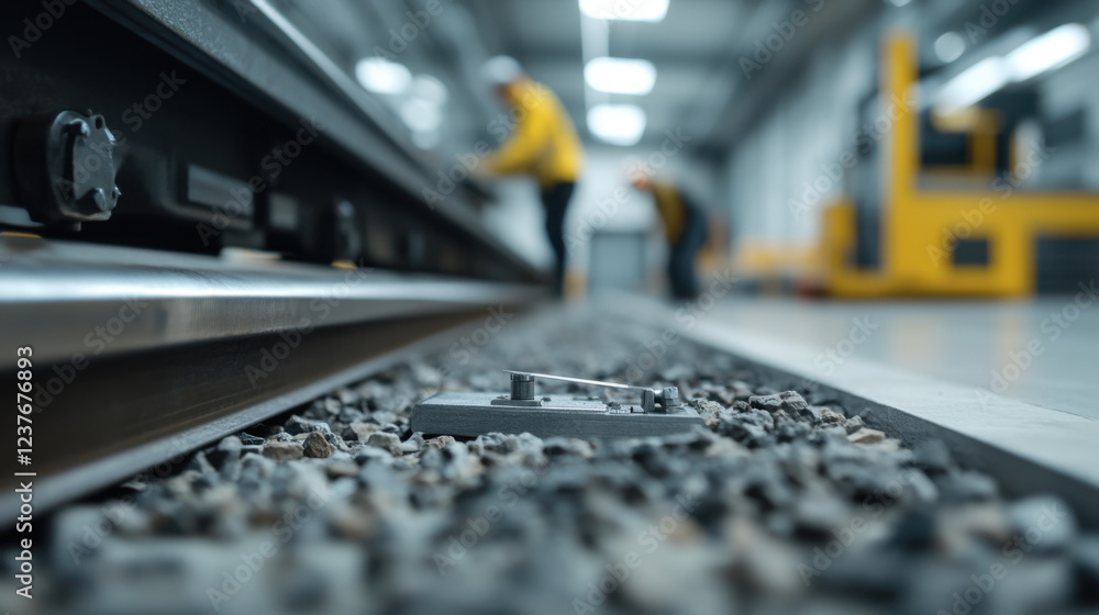 Poster engineers monitoring rail stress tests on site, ensuring safety and precision in railway constructio
