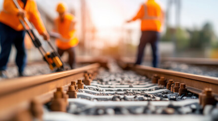 Railway workers in safety gear conducting stress tests on tracks. Their focus and teamwork ensure safety and efficiency in rail operations