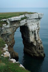 The arch on the clifftop of Normandy, France, overlooking the North Sea. The rock formation is white and ancient with green grass growing around it. In front of it lies the calm blue sea. 