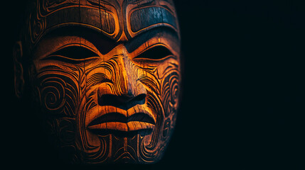 A dramatic shot of a Māori mask with intricate carvings, set against a dark background to make the carvings pop with contrast