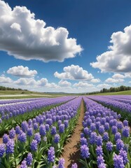 Hyacinth fields with blue sky and fluffy white clouds , green, wildflowers, fluffy clouds