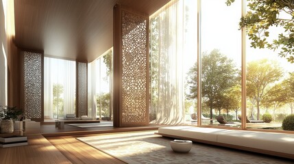 Serene Modern Interior Design with Wooden Accents and Natural Light.