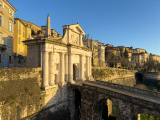 Bergamo, Italy. The old town. Amazing view at the ancient gate Porta San Giacomo. Bergamo one of the most beautiful cities in Italy. Tourists destination