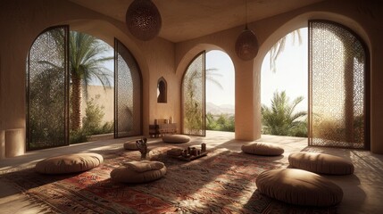 Fototapeta premium Serene Oasis Meditation Room with Desert View.