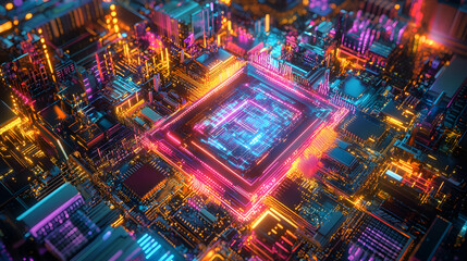 Naklejka premium A close-up view of a futuristic microchip illuminated with vibrant colors and intricate light patterns, symbolizing the core of artificial intelligence and advanced computing technology.