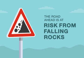 Safe driving tips and traffic regulation rules. Close-up of european "falling rocks" sign meaning. The road ahead is at risk from falling rocks. Flat vector illustration template.