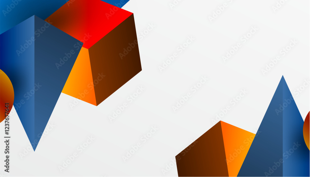 Poster abstract design showcasing isometric cubes, pyramids, squares, and spheres in a vibrant 3d layout. m