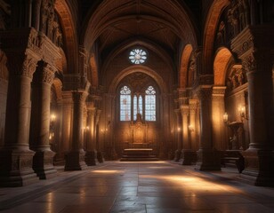 Obraz premium Illuminated interior of an ancient church with intricate stone carvings and ornate details, Latvian art, ancient church interior