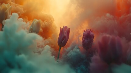 Colorful tulips in smoky sunset; dreamy, artistic image for websites or greeting cards