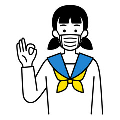 マスクをしてOKサインをする女子学生