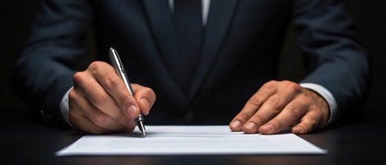 Obraz premium A professional hand is signing a document with a pen, emphasizing business, formality, and attention to detail in a corporate setting.