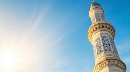 Minaret of a Mosque against a Sunny Sky