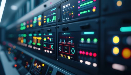 A close-up view of a modern control panel featuring colorful lights and buttons, showcasing technical equipment in a high-tech environment.