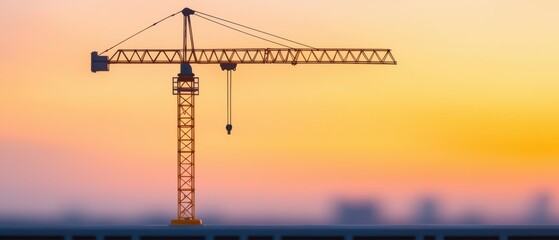 A construction crane silhouetted against a colorful sunset, with blurred cityscape in the background, symbolizing urban development and progress.