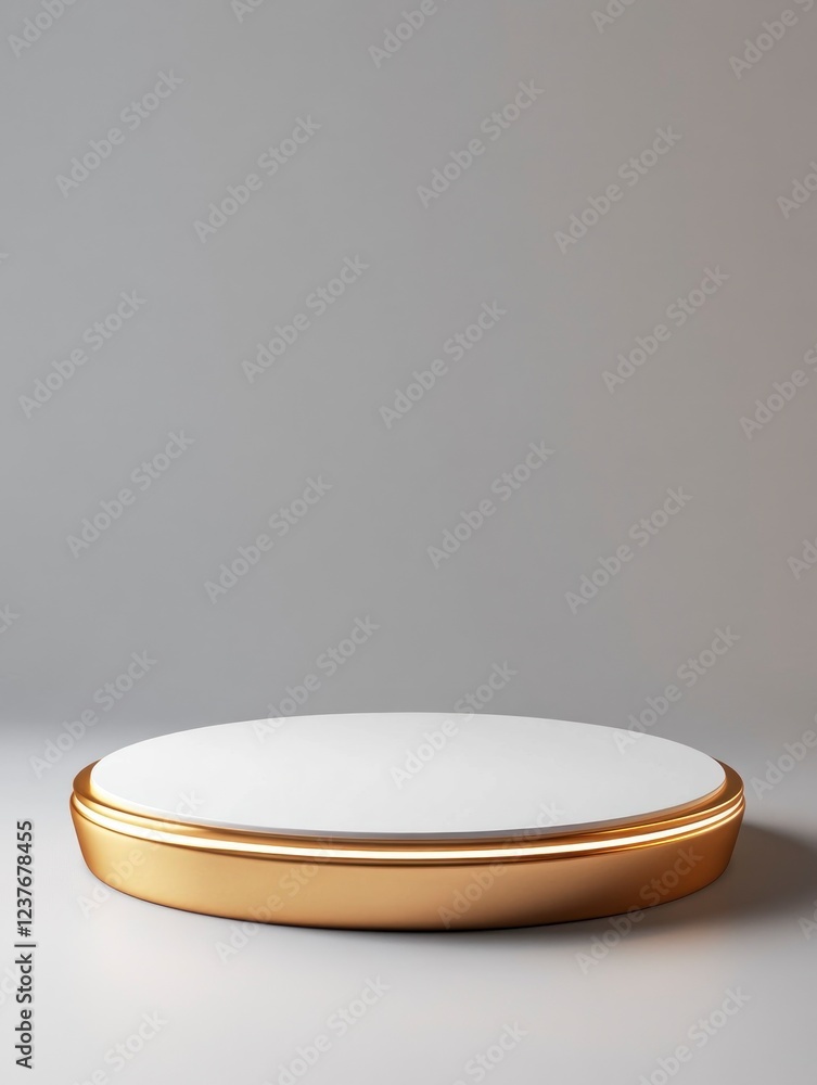 Poster white podium pedestal with a golden border, isolated on a gray background with copy space for produc