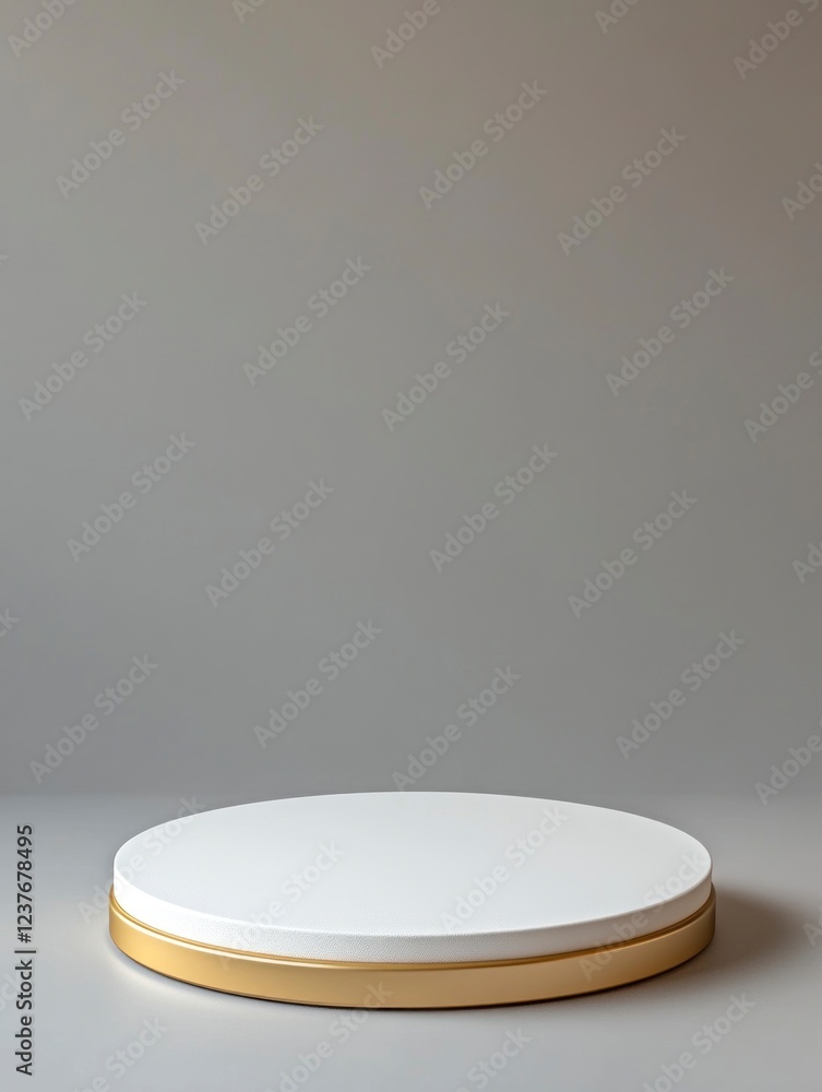 Poster white podium pedestal with a golden border, isolated on a gray background with copy space for produc