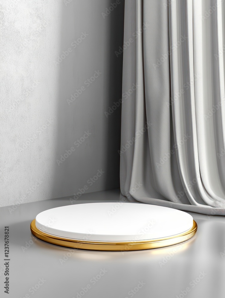 Poster white podium pedestal with a golden border, isolated on a gray background with copy space for produc