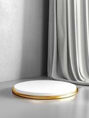 White podium pedestal with a golden border, isolated on a gray background with copy space for product display presentation in a minimalistic style. 
