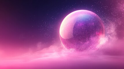 Obraz premium Glowing sphere floats in pink nebula; cosmic background