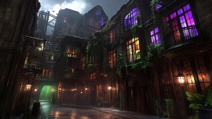 Fototapeta premium Rainy Night in a Lush, Overgrown City Alley