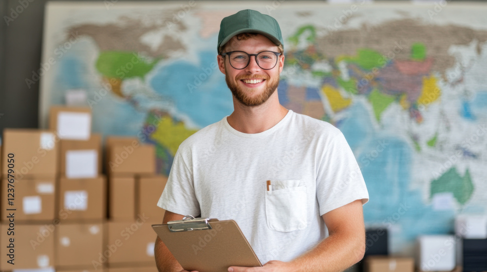 Poster delivery man smiling with clipboard in front of world map and boxes, showcasing friendly and profess