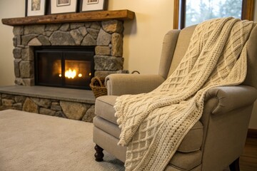 Fototapeta premium Knit blanket draped over the back of a plush armchair in a cozy living room with a large stone fireplace, bookshelf, cozy living room, crackling flames, warm lighting